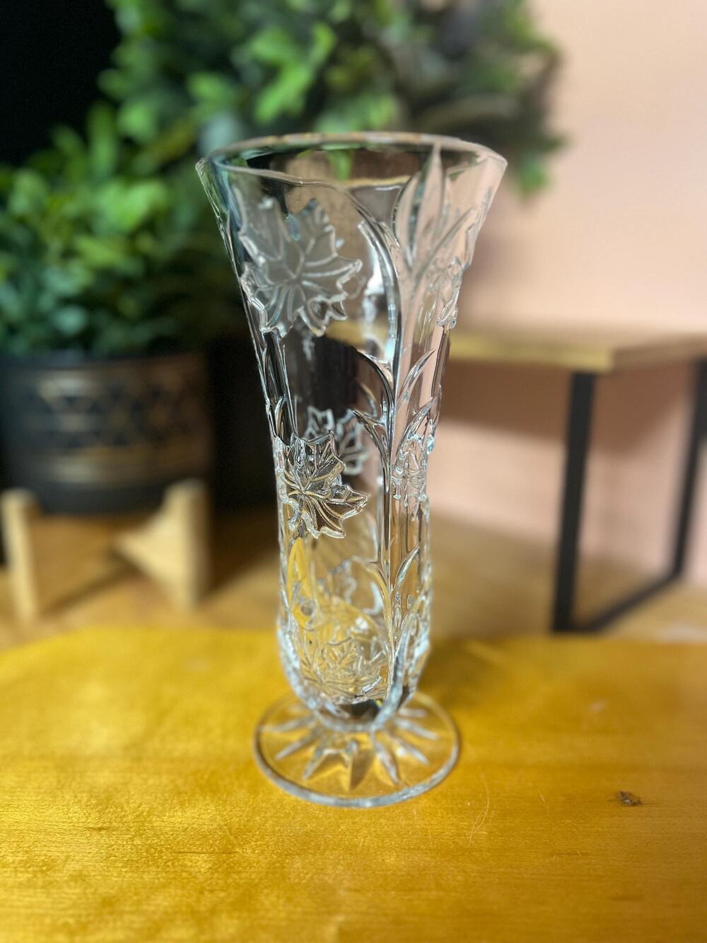 Vintage DePlomb 24% Lead Crystal Trumpet Embossed Maple Autumn Leaves Vase